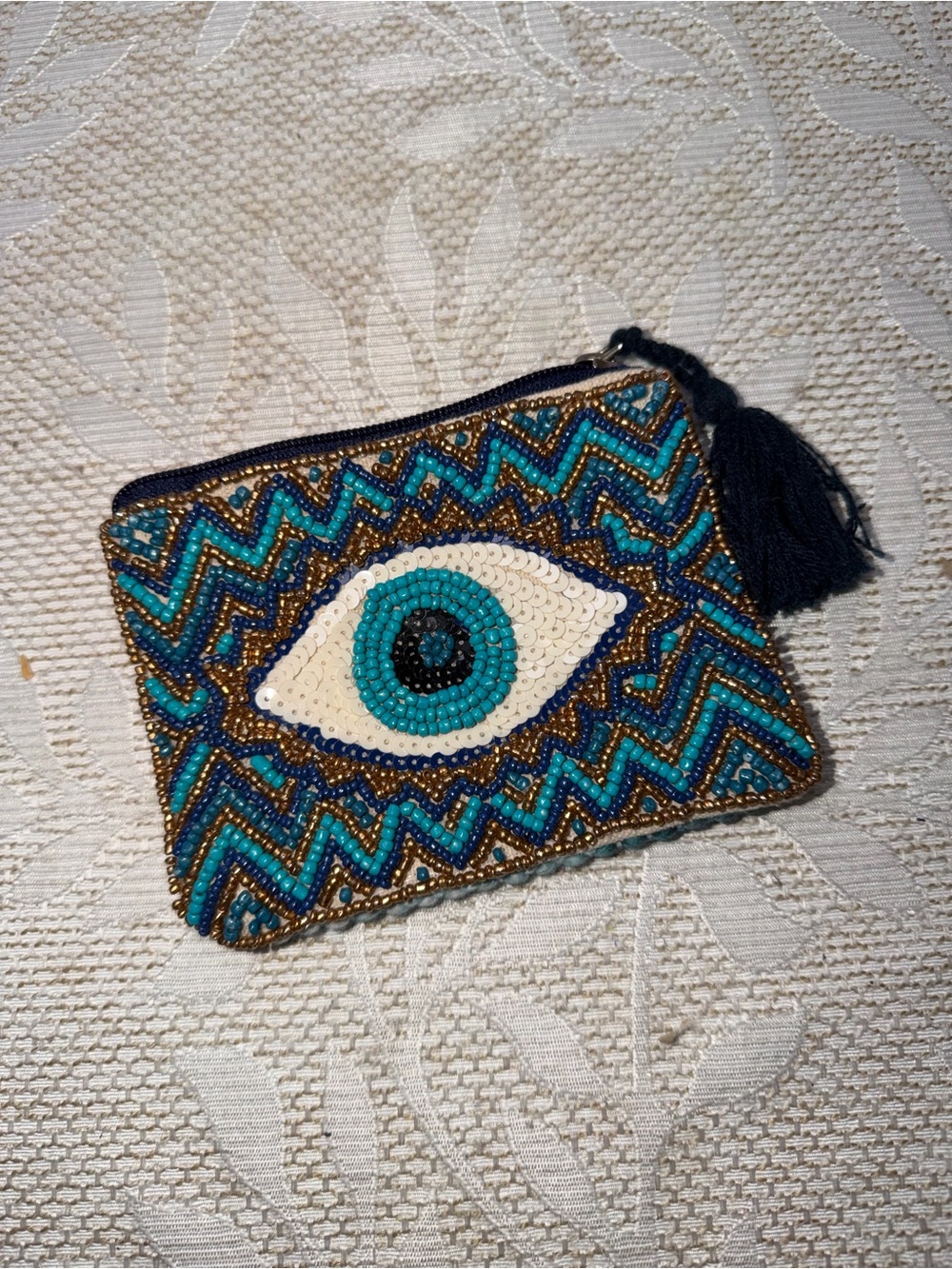 Beaded Evil Eye Coin Purse - Turquoise & Navy